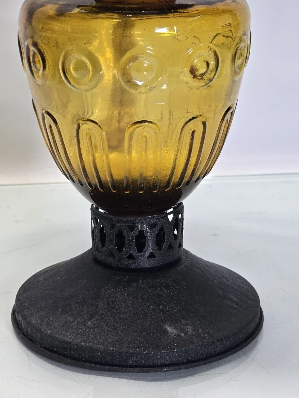 Vintage Amber Glass Hurricane Oil Lamp Metal Shade Pedestal Scalloped Chimney
